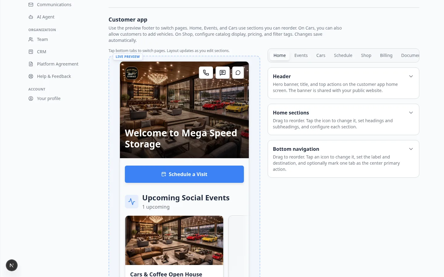Customer app settings showing page tabs including Home, Events, Cars, and Shop next to a phone preview