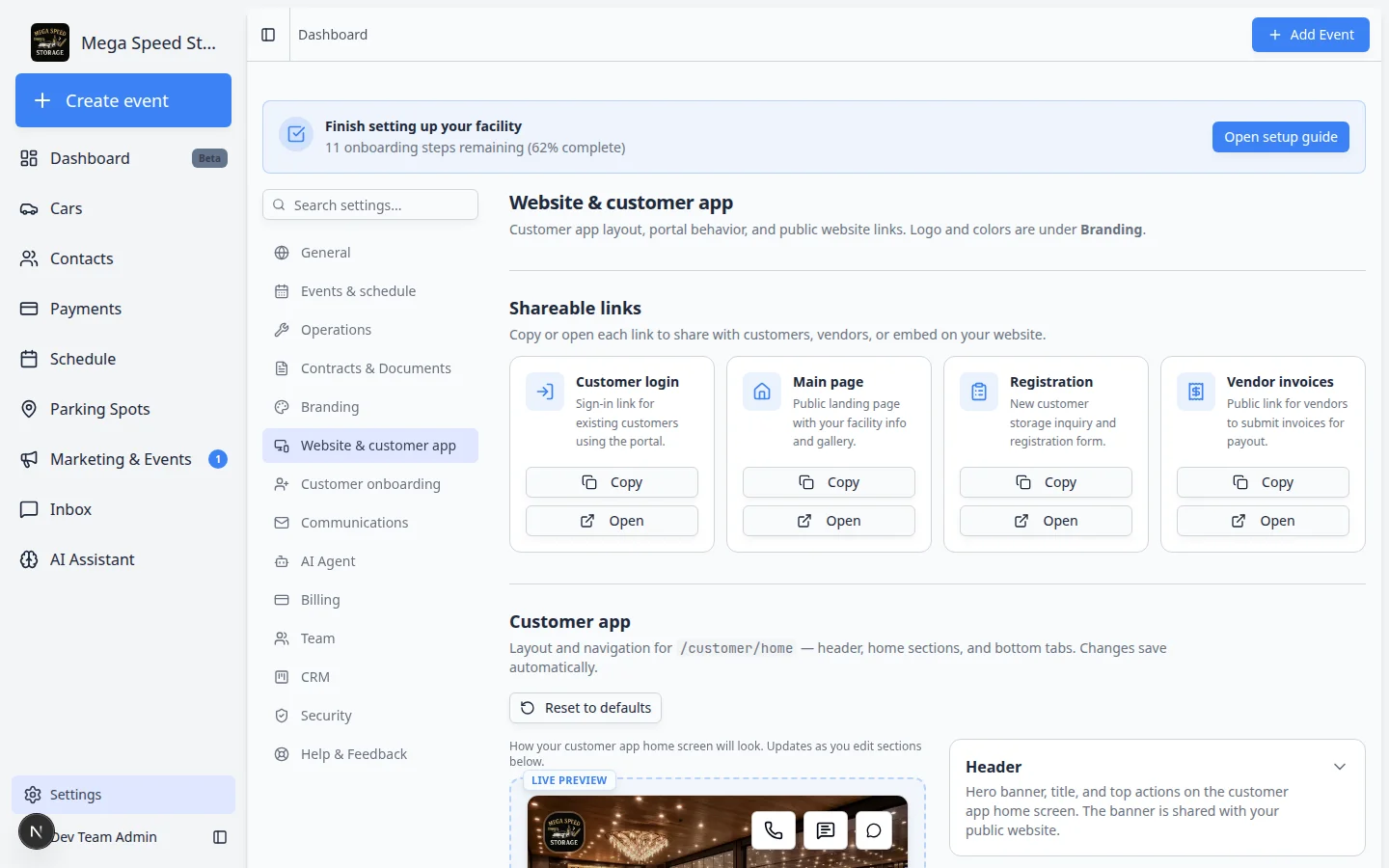 Shareable links card labeled Customer login with Copy and Open buttons