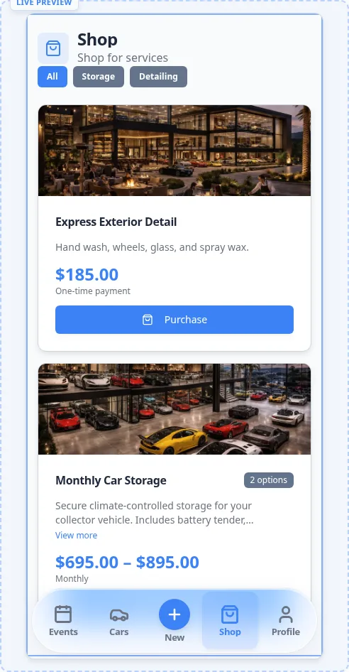 Customer portal shop page