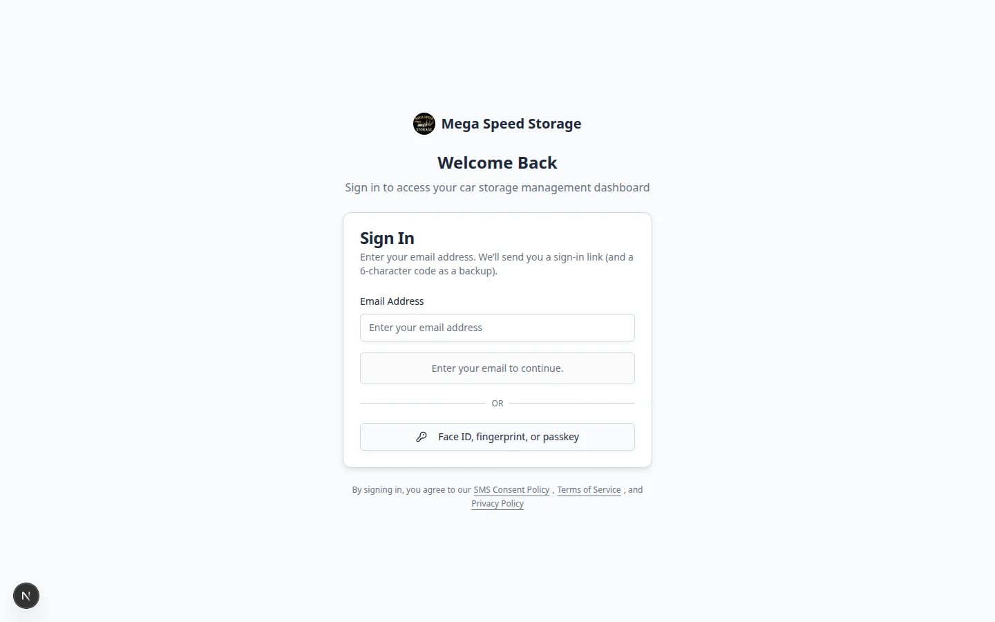 Customer sign-in page showing facility branding and a field to enter email address for portal access