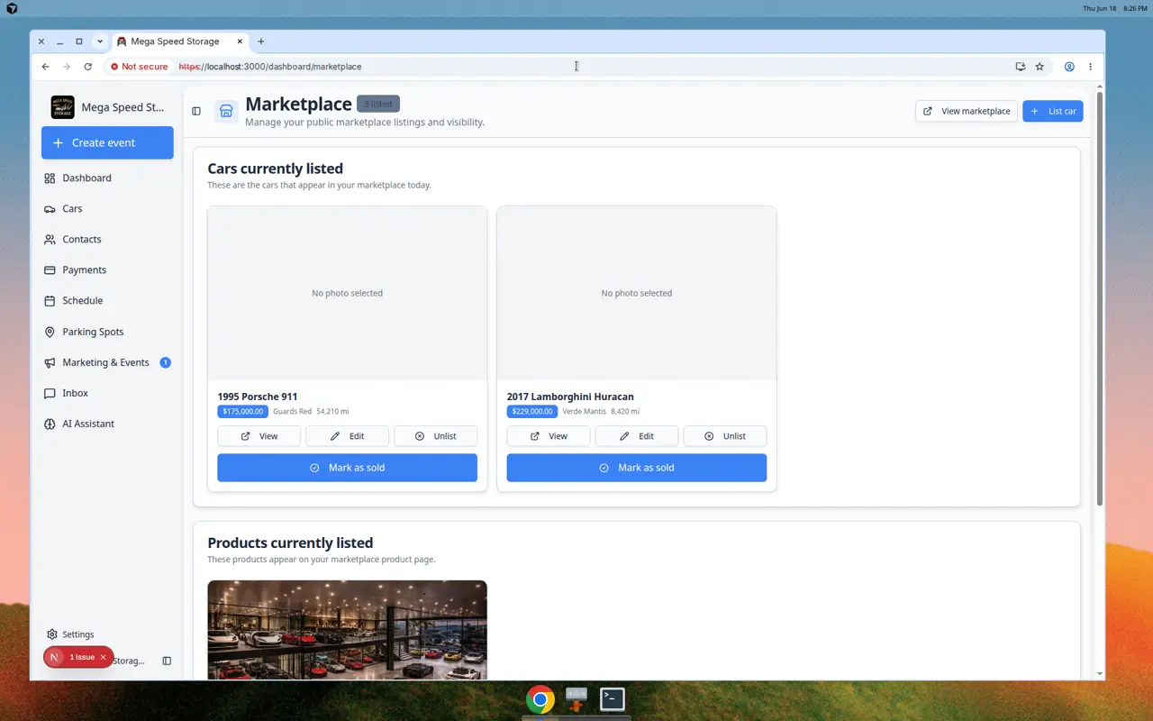 Marketplace dashboard showing listed cars with prices and a List car button plus products section below
