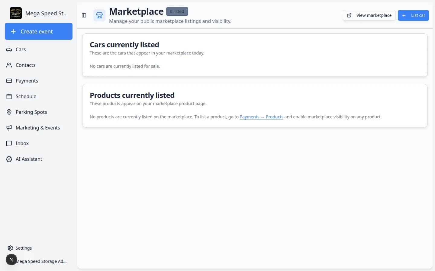 Dashboard marketplace page showing a marketplace URL and published listings