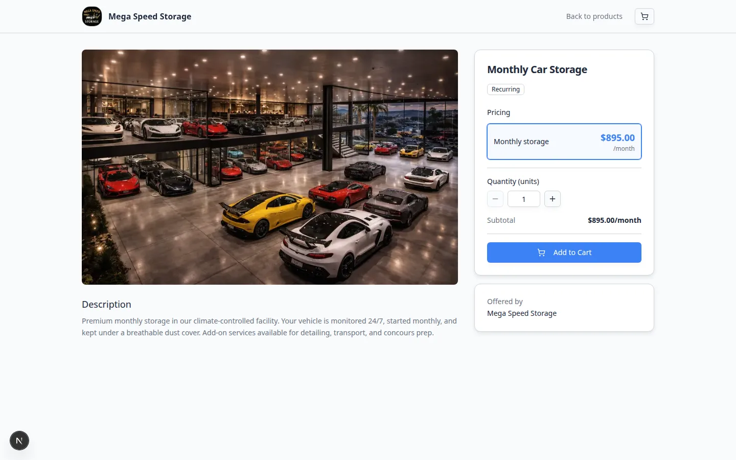 Product detail page showing monthly storage plan, price option, and Add to cart button