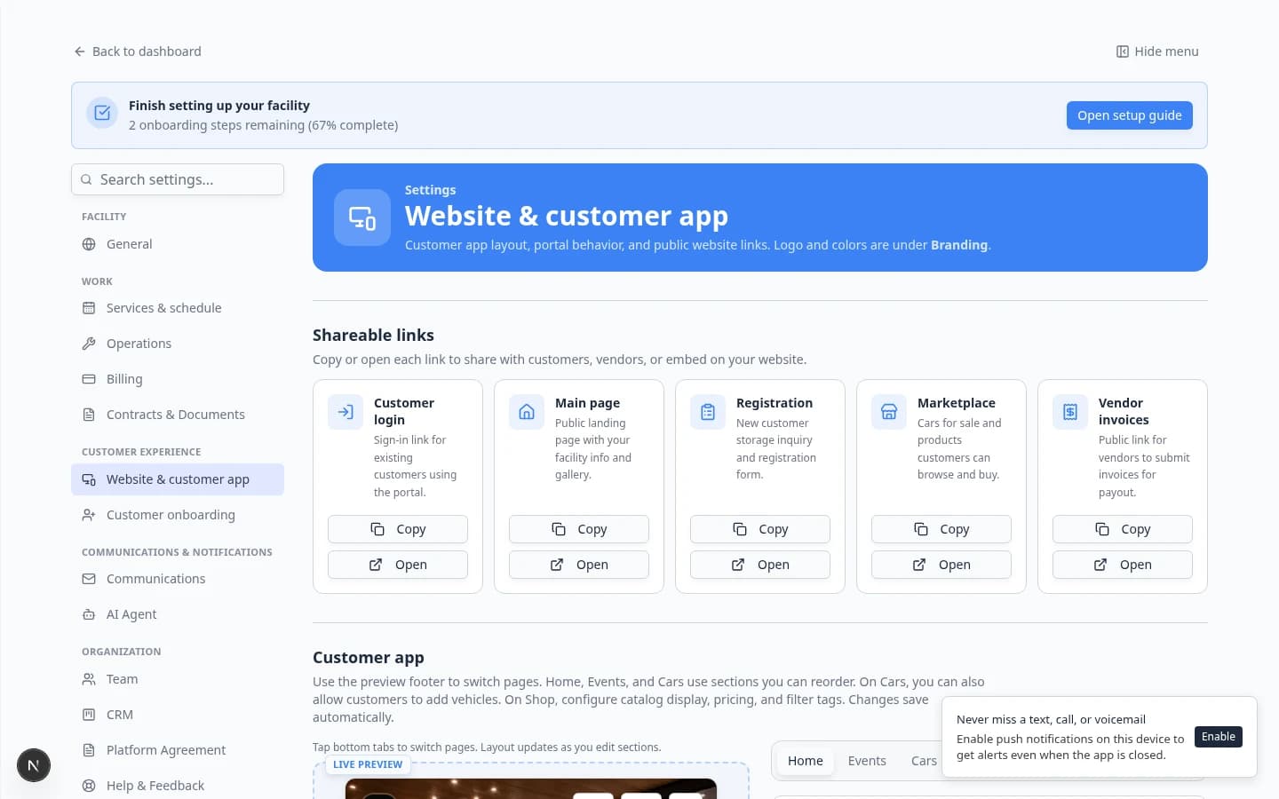 Page editor with draggable public website sections