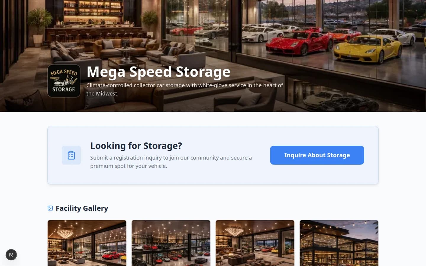 Public facility page showing facility name, description, services, storage inquiry button, and cars for sale preview