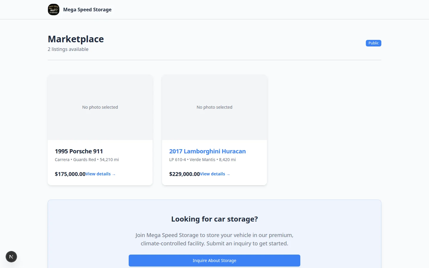 Public vehicle marketplace showing a car listing with price and details