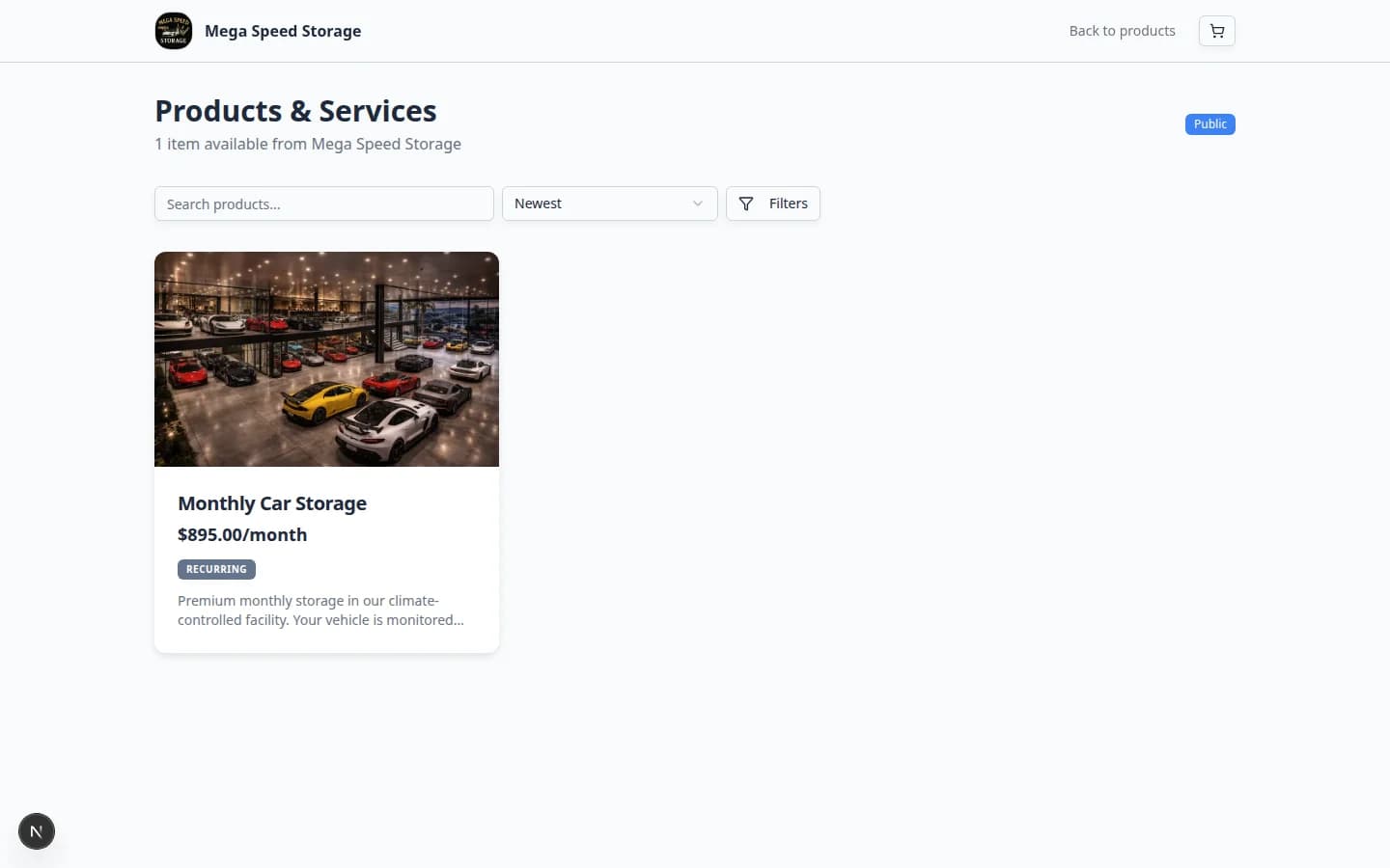 Public product marketplace listing storage plans with prices and short descriptions