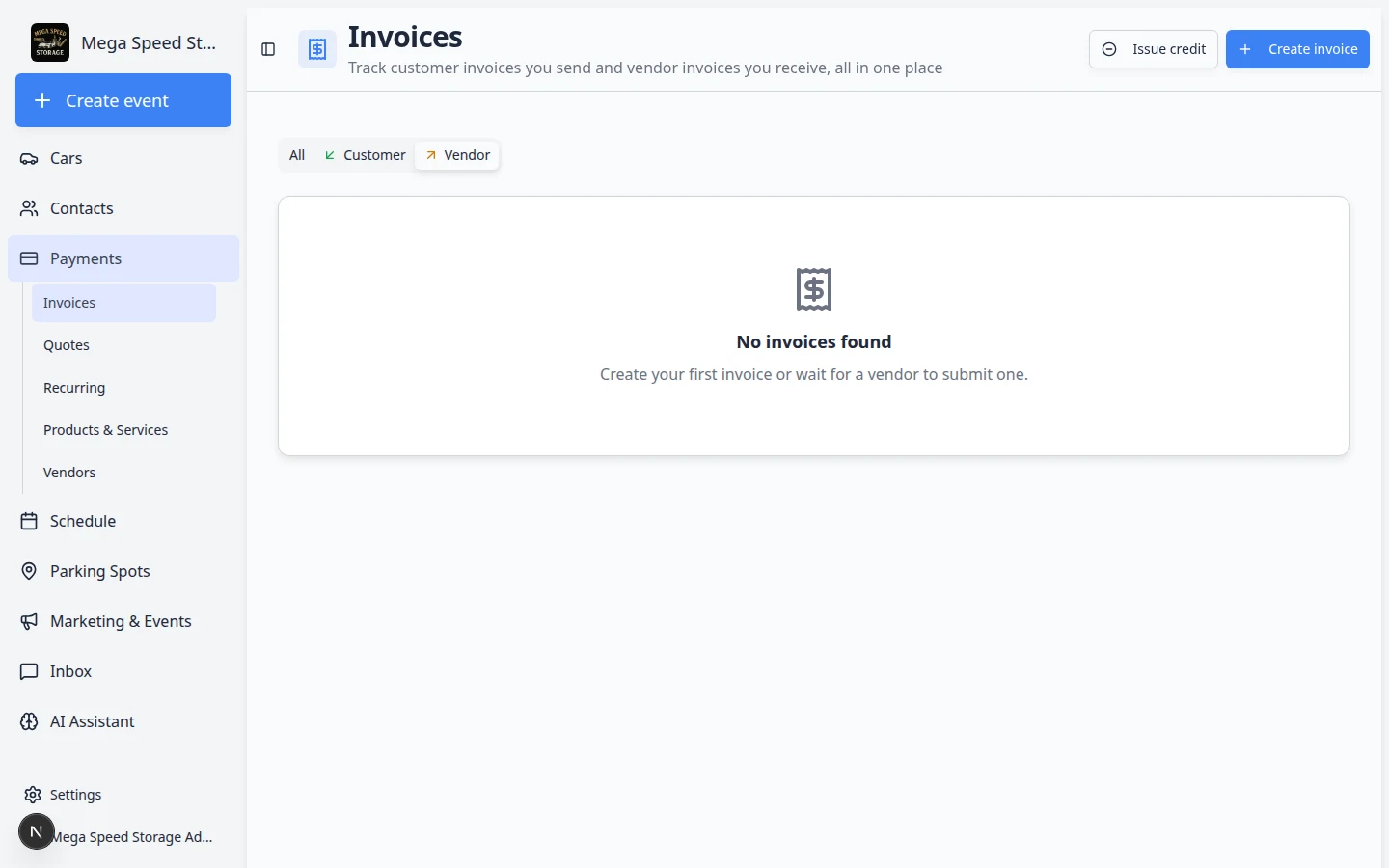 Payments Invoices page filtered to vendor invoices showing submitted invoices staff can open and review