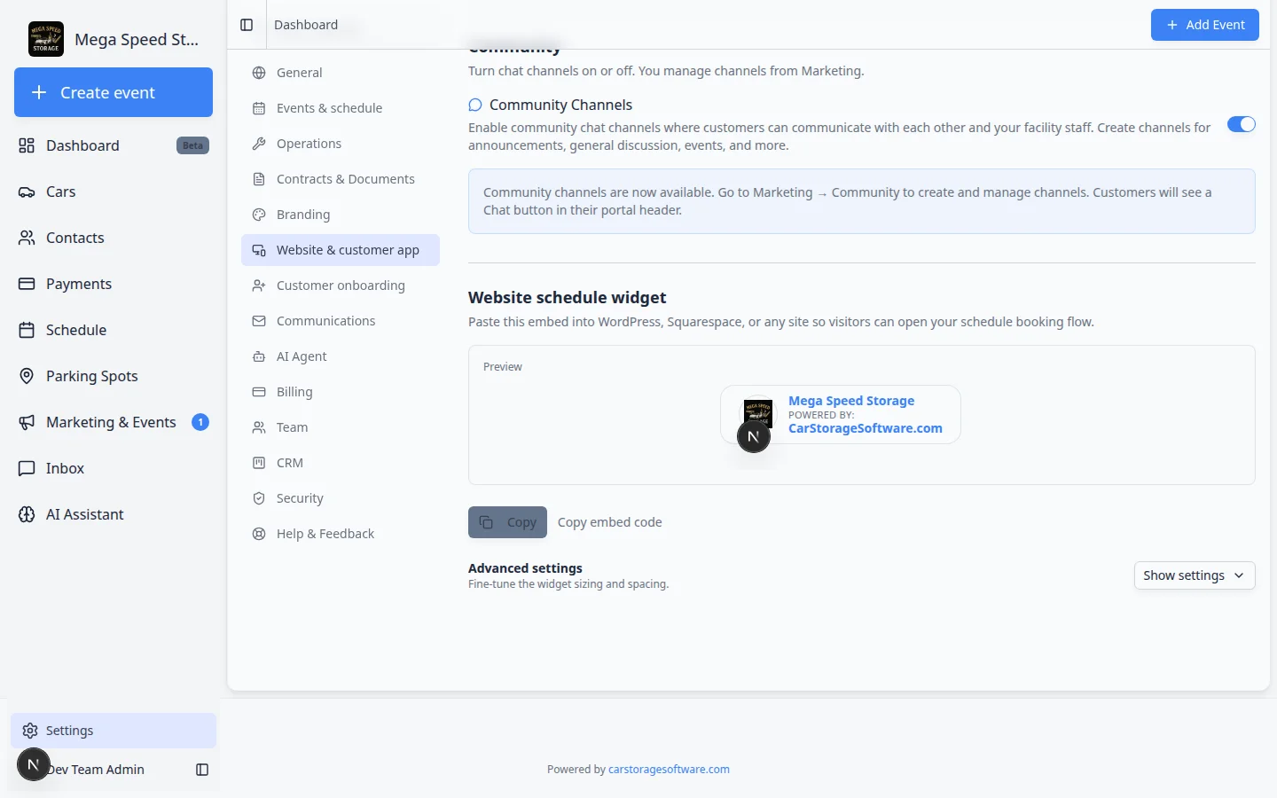 Website schedule widget section showing embed code preview, Copy embed code button, and badge preview