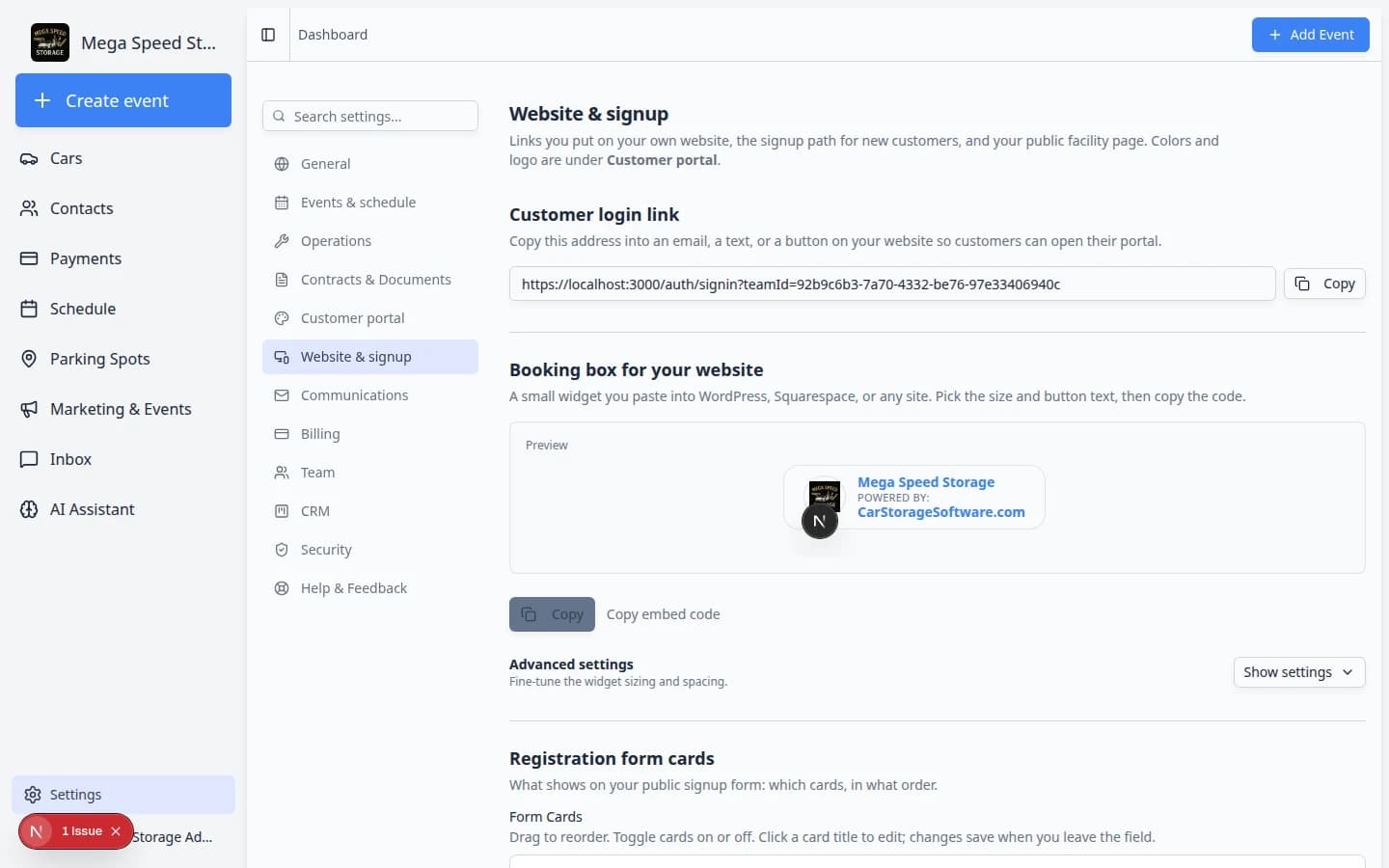 Website and signup settings scrolled to Booking box for your website with embed code and copy button
