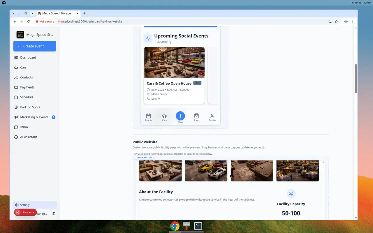 Customer app live preview on Website settings showing mobile home screen with facility gallery and upcoming events