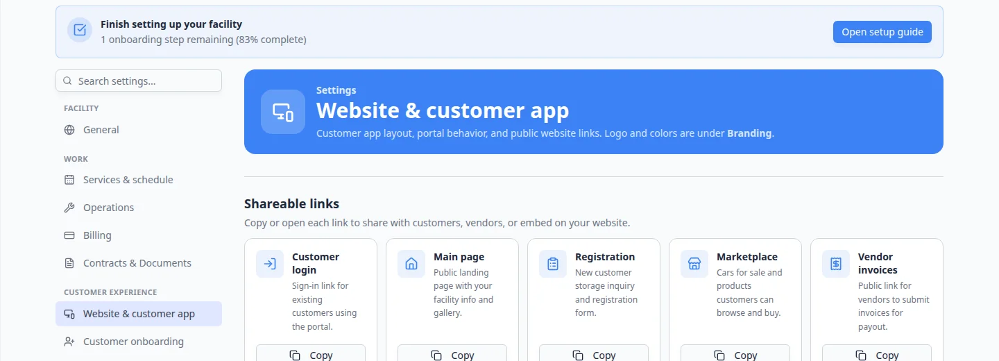 Close-up of Shareable links cards with Copy and Open buttons for Customer login, Main page, Registration, and Vendor invoices