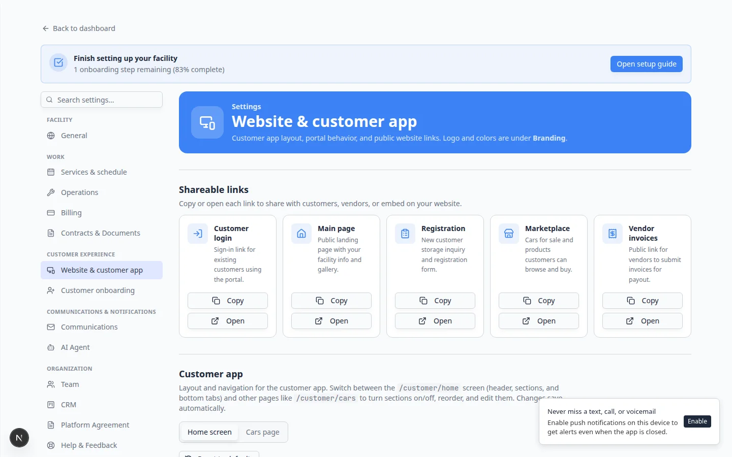 Website and customer app settings showing Shareable links cards for Customer login, Main page, Registration, and Vendor invoices