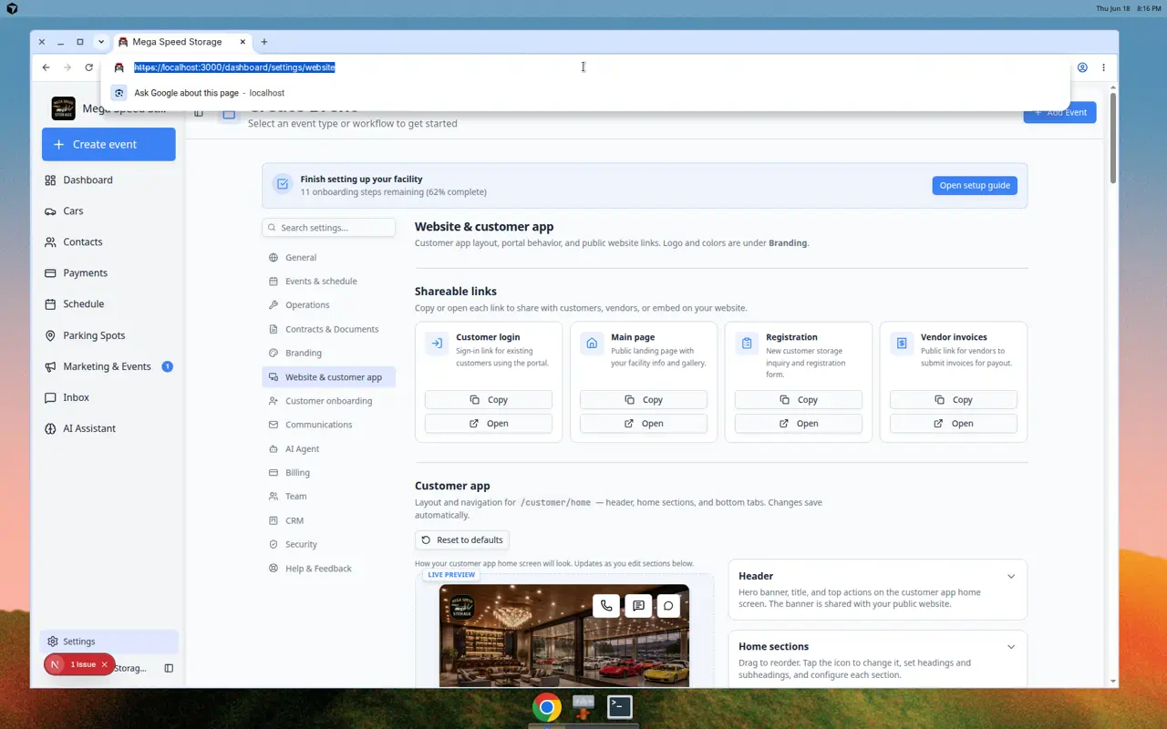 Website and customer app settings showing Shareable links cards for Customer login, Main page, Registration, and Vendor invoices