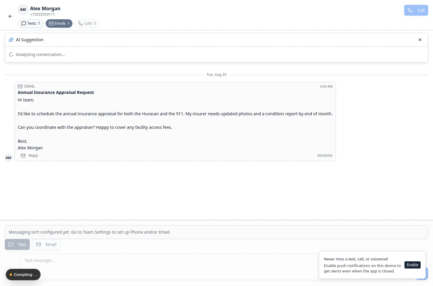 Inbox showing Analyzing conversation with a spinning icon while the AI reads recent messages