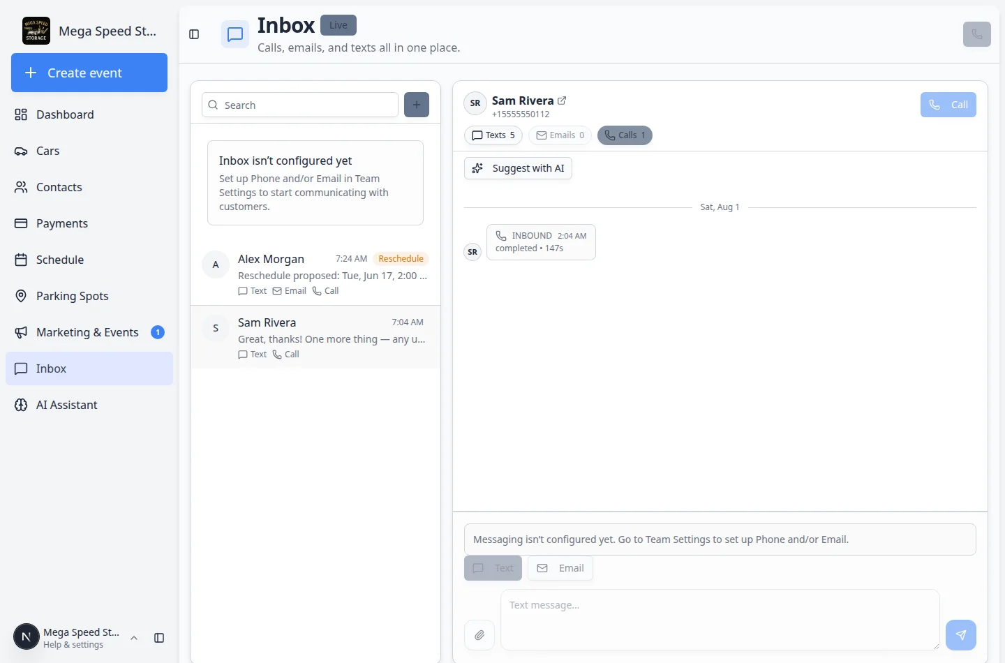 Inbox timeline filtered to Calls showing an inbound completed call entry