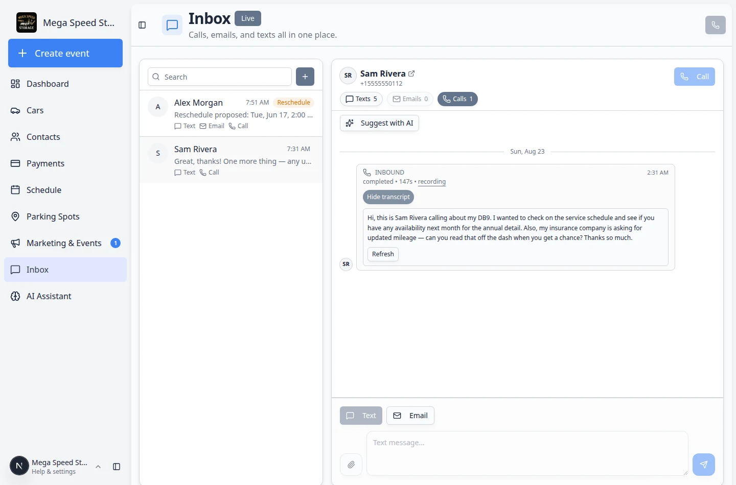 Inbox call entry with Transcript expanded showing a summary of the customer's pickup and service request