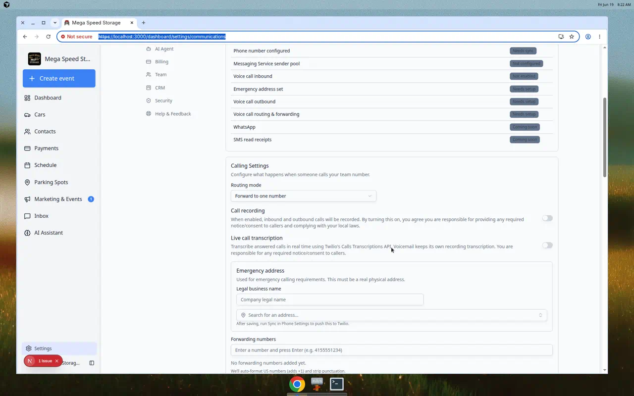 Communications settings focused on the Phone Number and SMS Text Messaging section