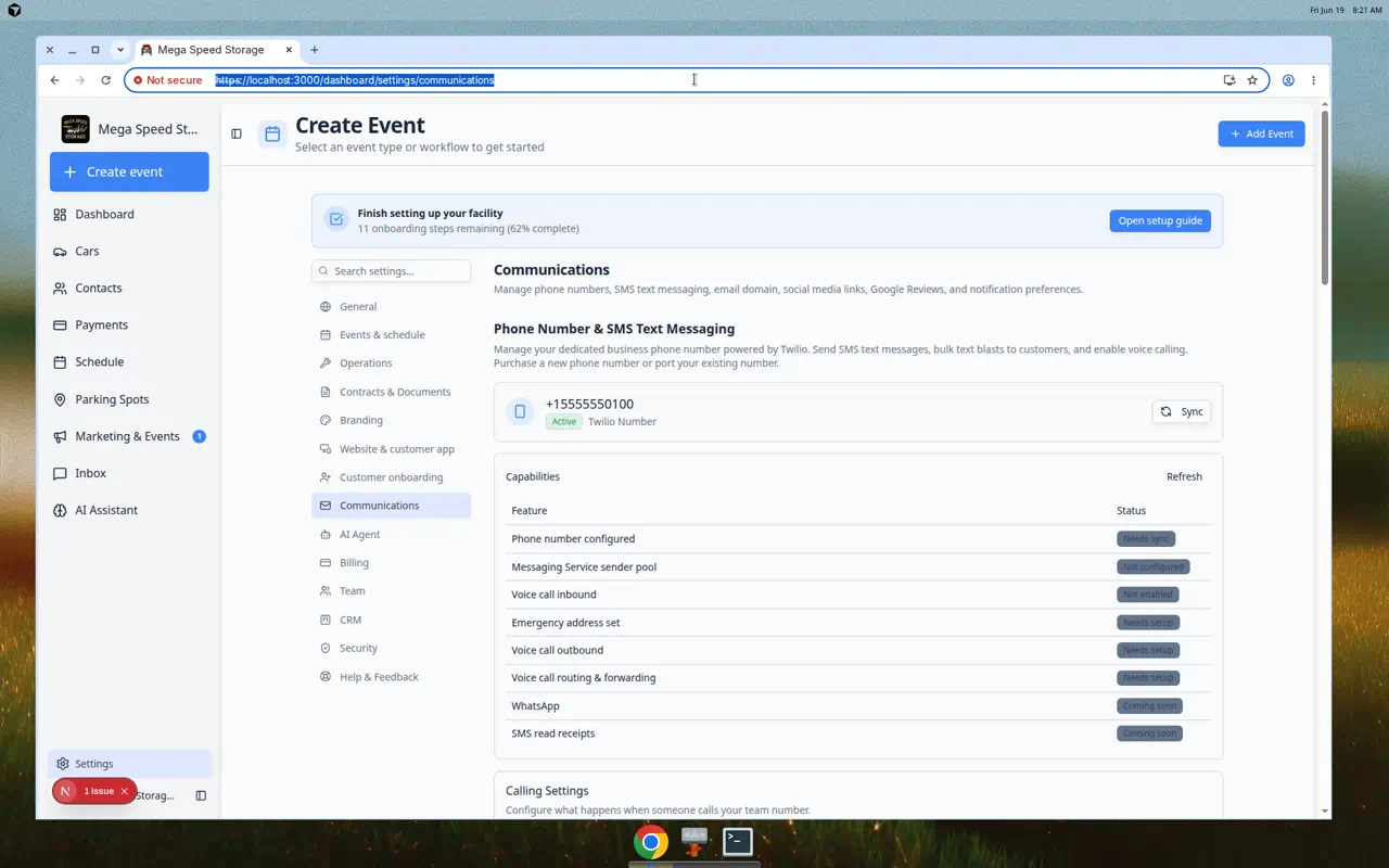 Settings Communications page showing phone, email, and notification sections