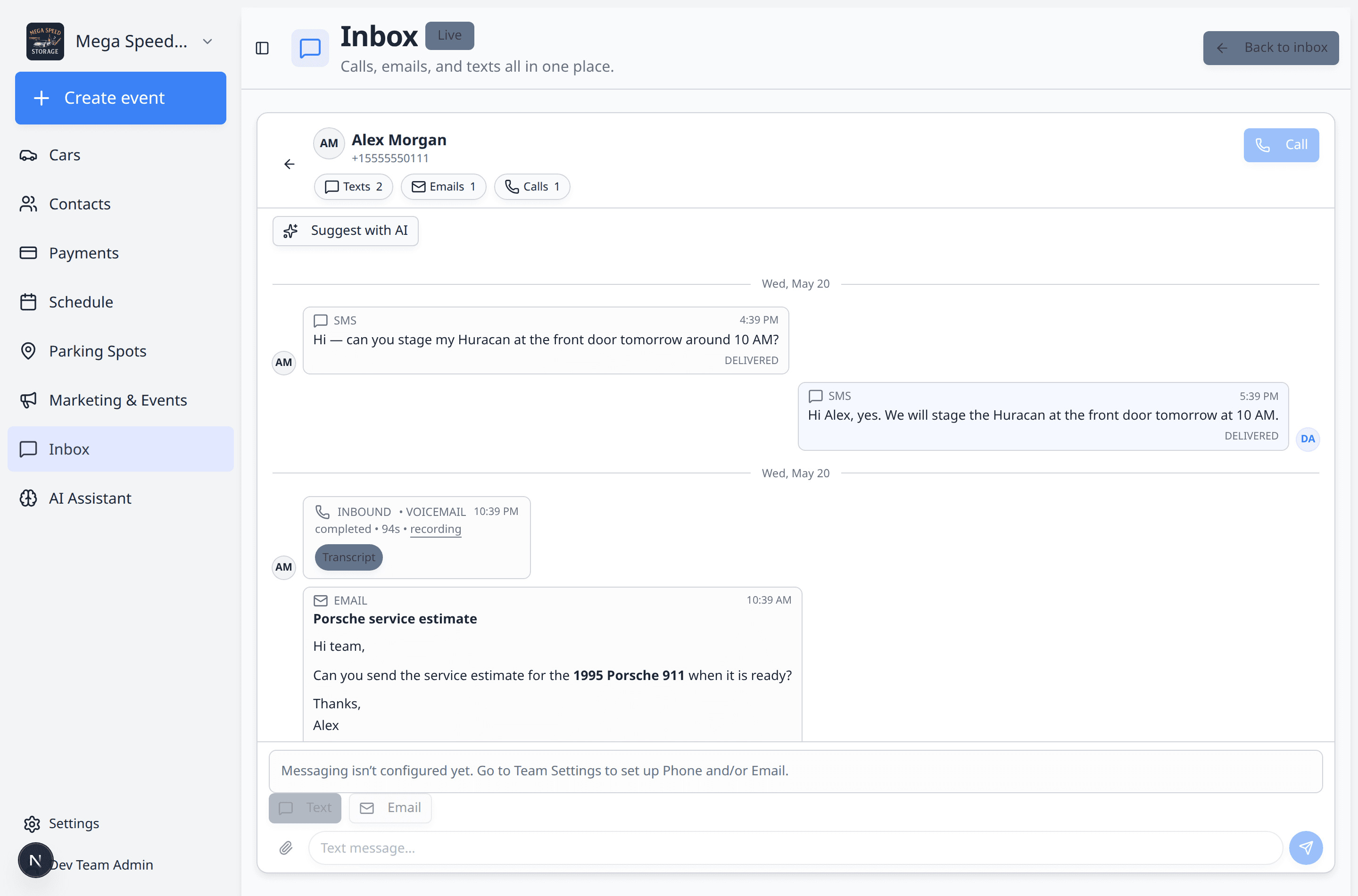 Inbox showing Alex Morgan selected with text messages, an email, and call activity in the timeline
