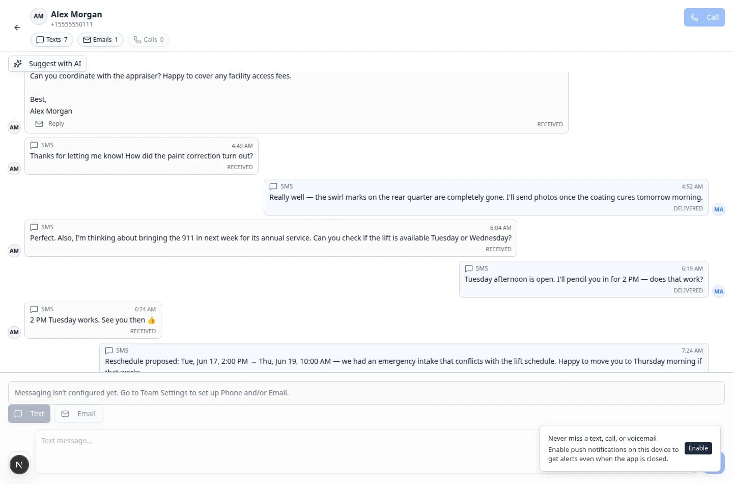 Inbox conversation showing Alex Morgan selected with text, email, and call history plus reply controls at the bottom