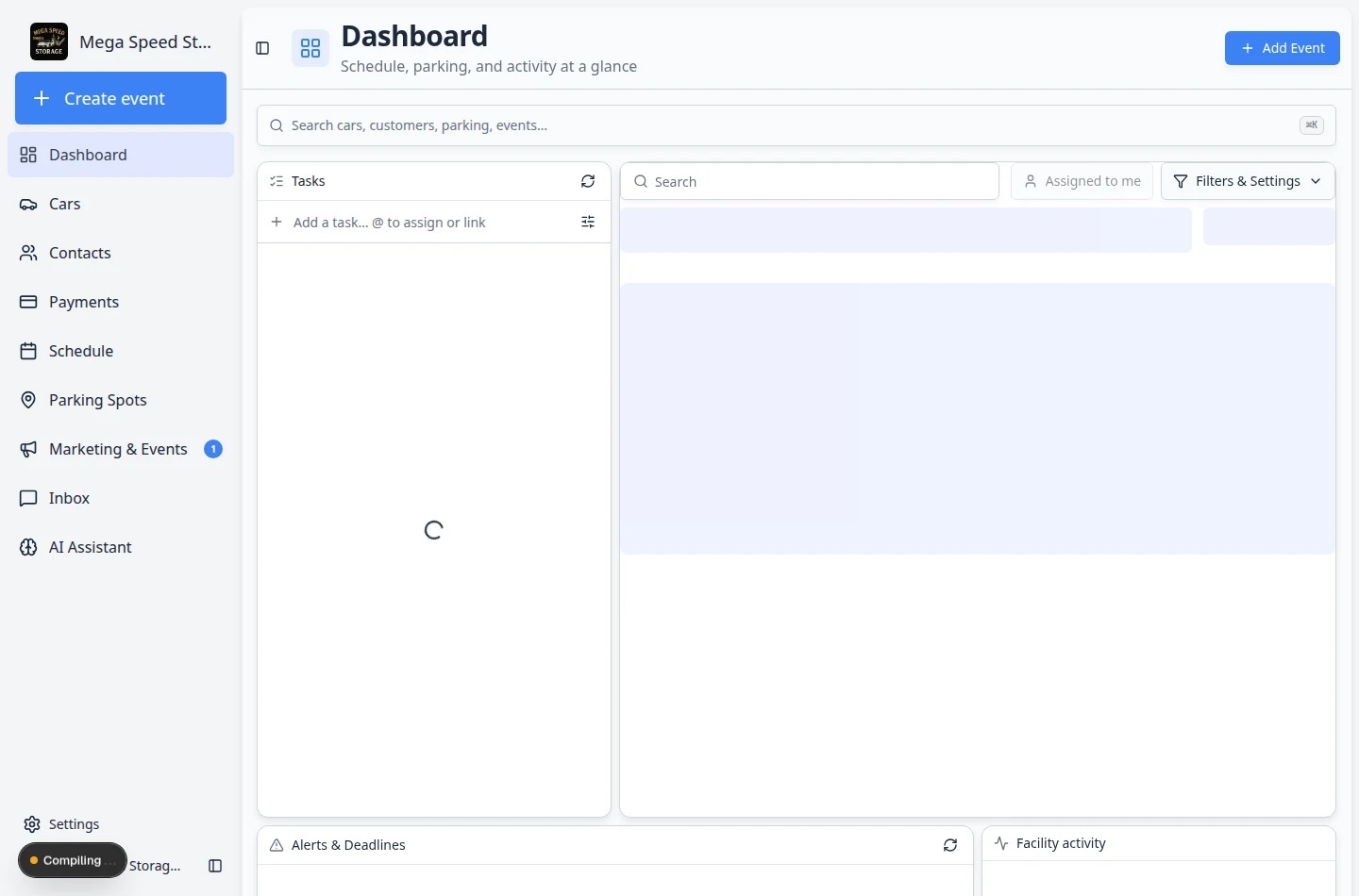 Overview dashboard showing an Inbox panel with customer names, unread badges, and a Search conversations field