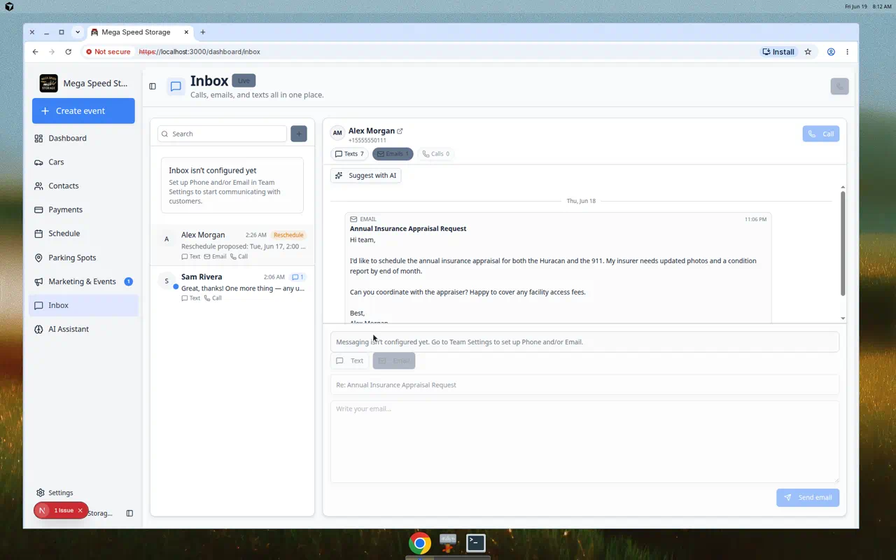 Inbox conversation with the Email composer open showing a Subject field and drafted message body