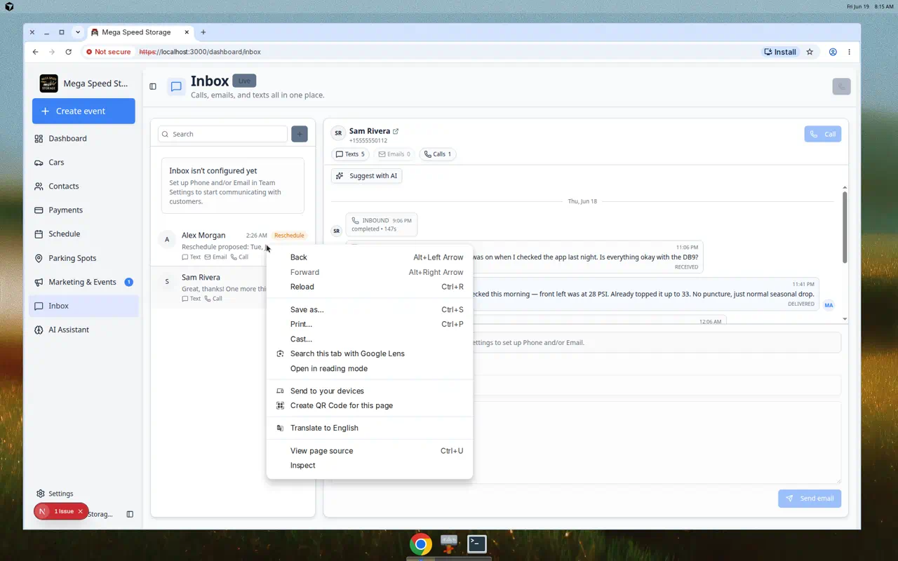 Inbox conversation list with a menu open showing the Mark unread option