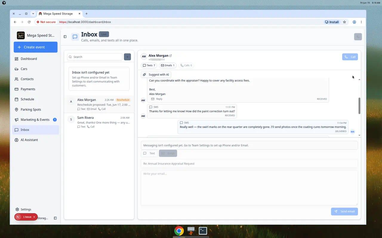 Inbox timeline showing outbound text messages with team member initials on sent messages