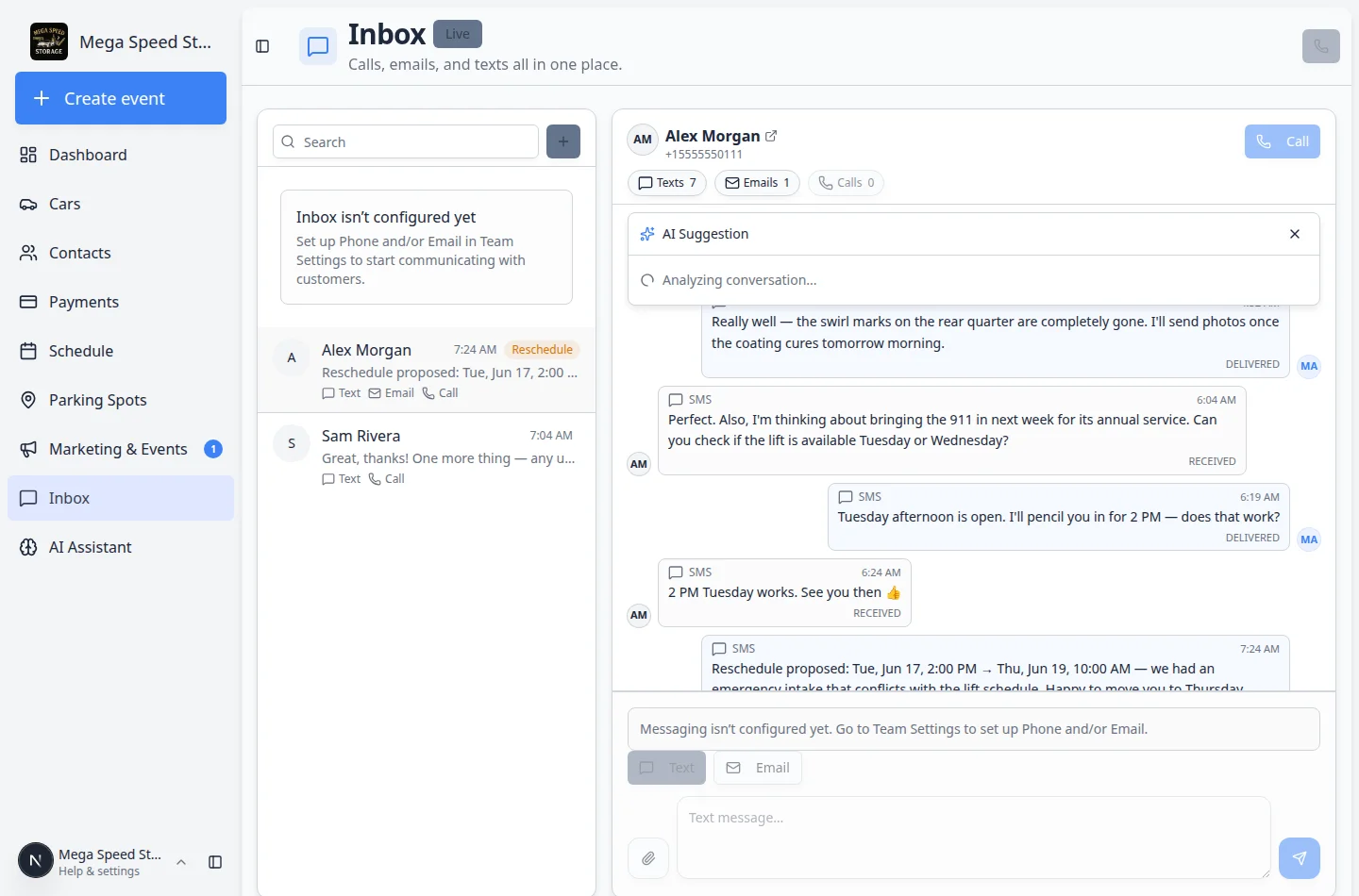 Inbox timeline showing outbound text messages with team member initials on sent messages