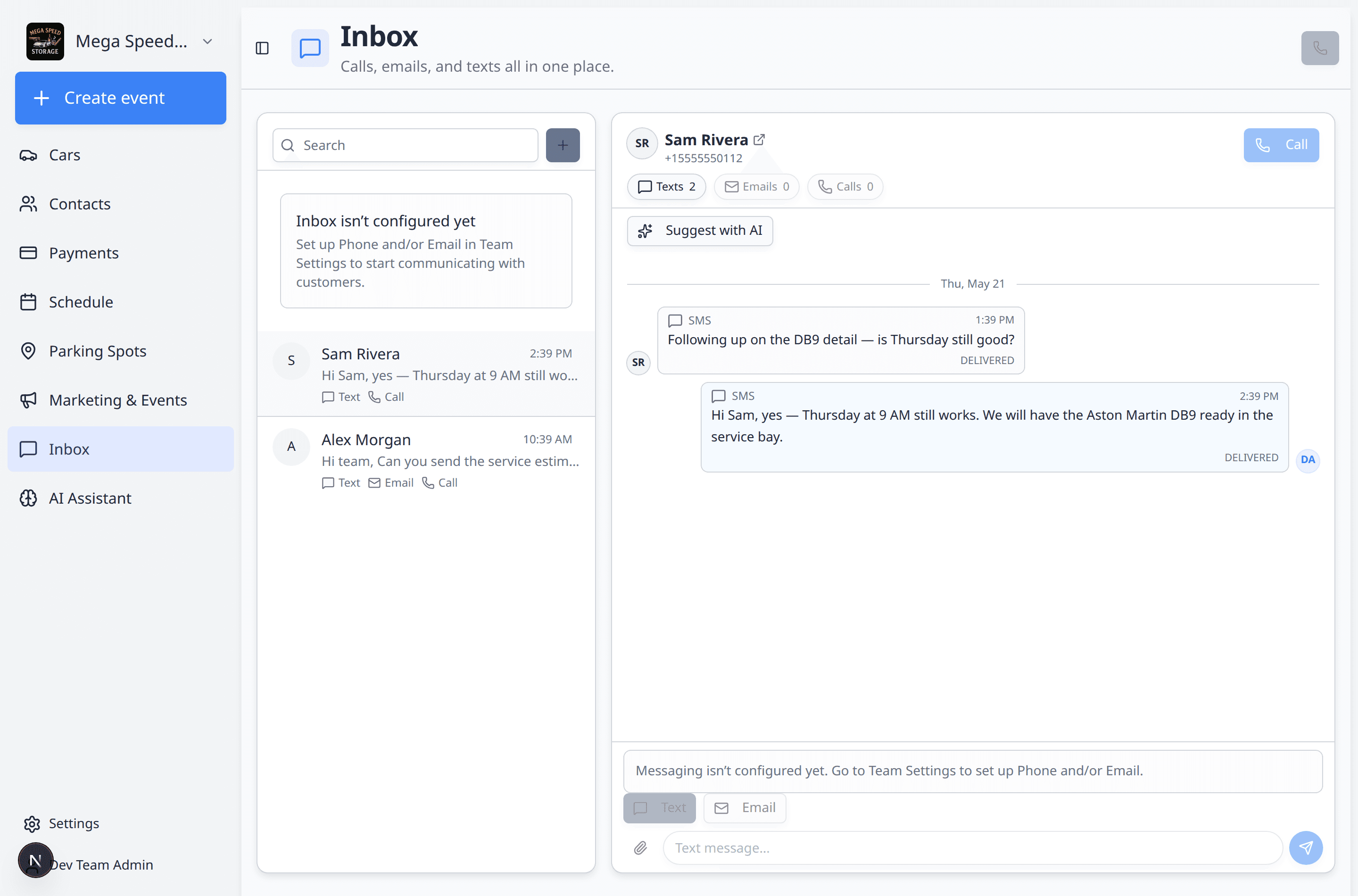 Inbox page showing a conversation list on the left and a customer conversation with text, email, and call history on the right