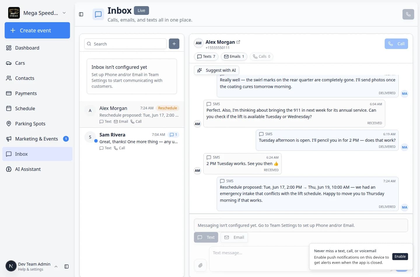 Inbox page showing a conversation list on the left, a selected customer conversation on the right, and a Live badge in the page header