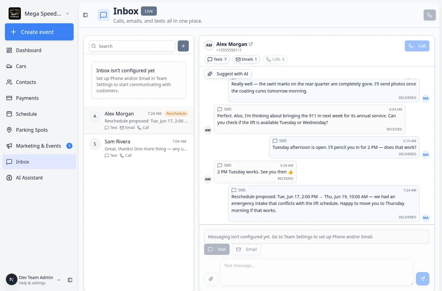 Quick call dialog in Inbox with a phone number typed, a numeric dial pad, and a Call button