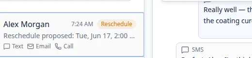 Inbox conversation list showing Alex Morgan with an orange Reschedule badge and preview text that begins with Reschedule proposed