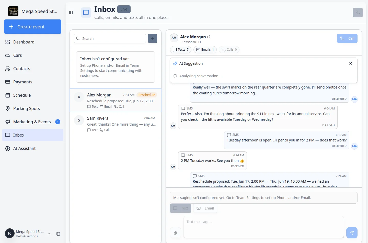 Inbox conversation with Alex Morgan selected showing a Reschedule proposed text message with old and new appointment times