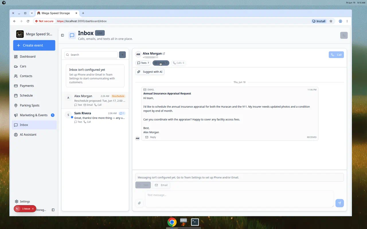 Inbox conversation with the Emails filter selected showing only email messages in the timeline