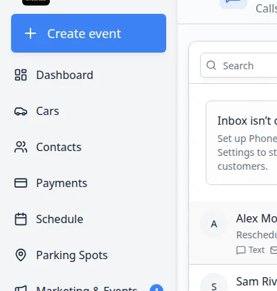 Close-up of the Inbox conversation list showing bold unread names, blue dots, channel count badges, and a Reschedule badge
