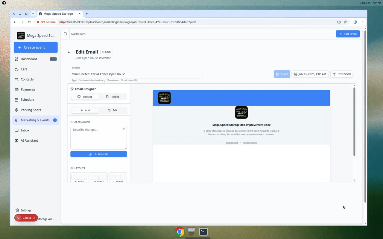 Edit Email screen with subject line and email body editor for a draft campaign