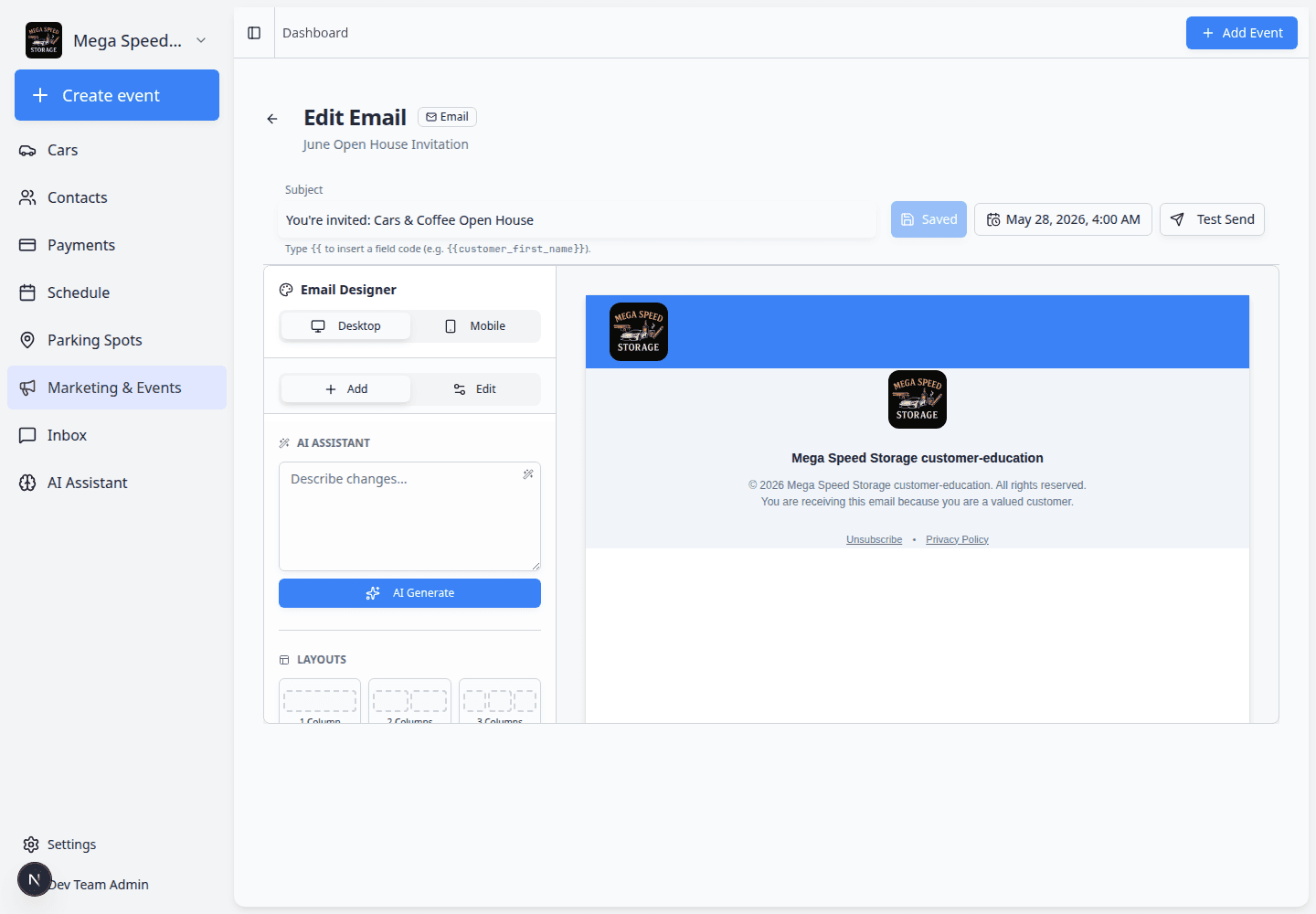 Edit Email screen showing subject line and email body editor for a marketing campaign