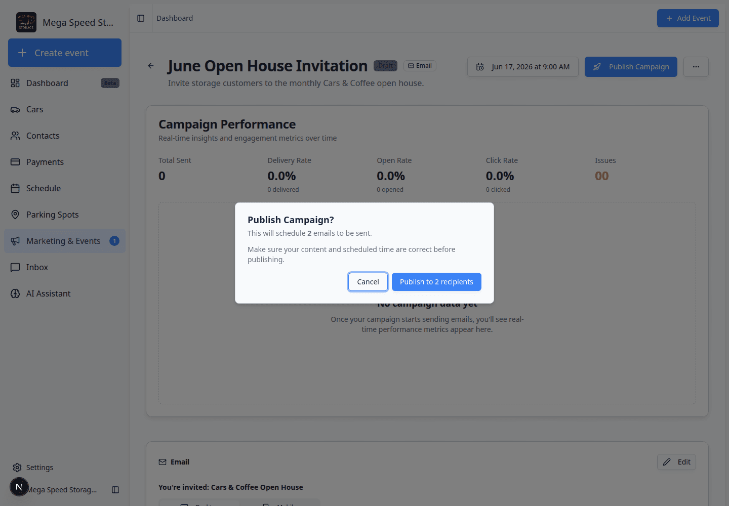 Publish Campaign confirmation dialog showing how many recipients will receive the email