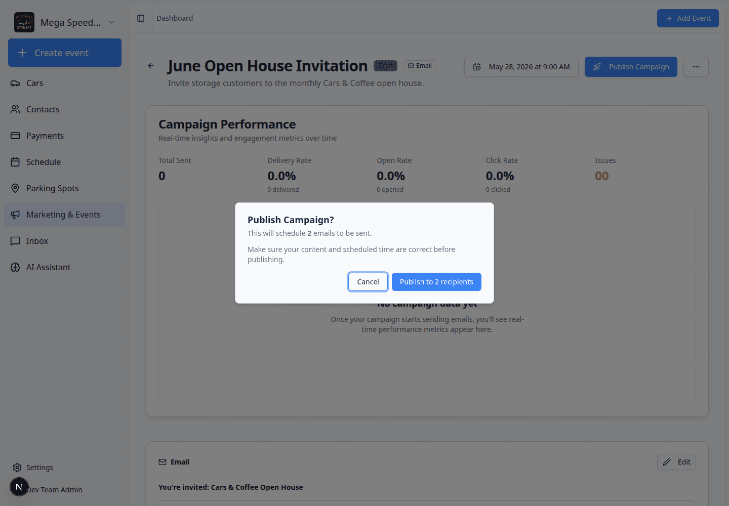 Publish Campaign confirmation dialog showing how many recipients will receive the email
