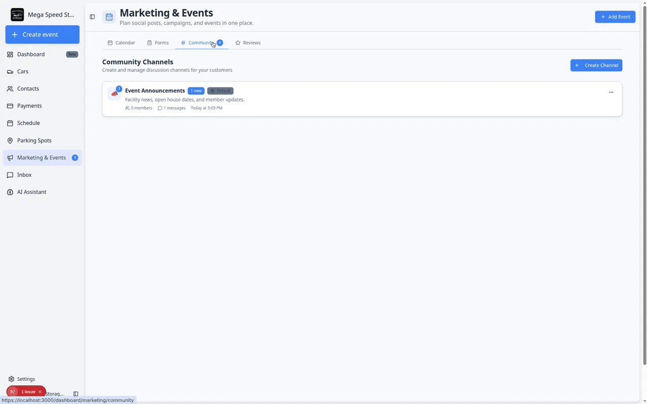 Community Channels page listing channels with member counts and a Create Channel button