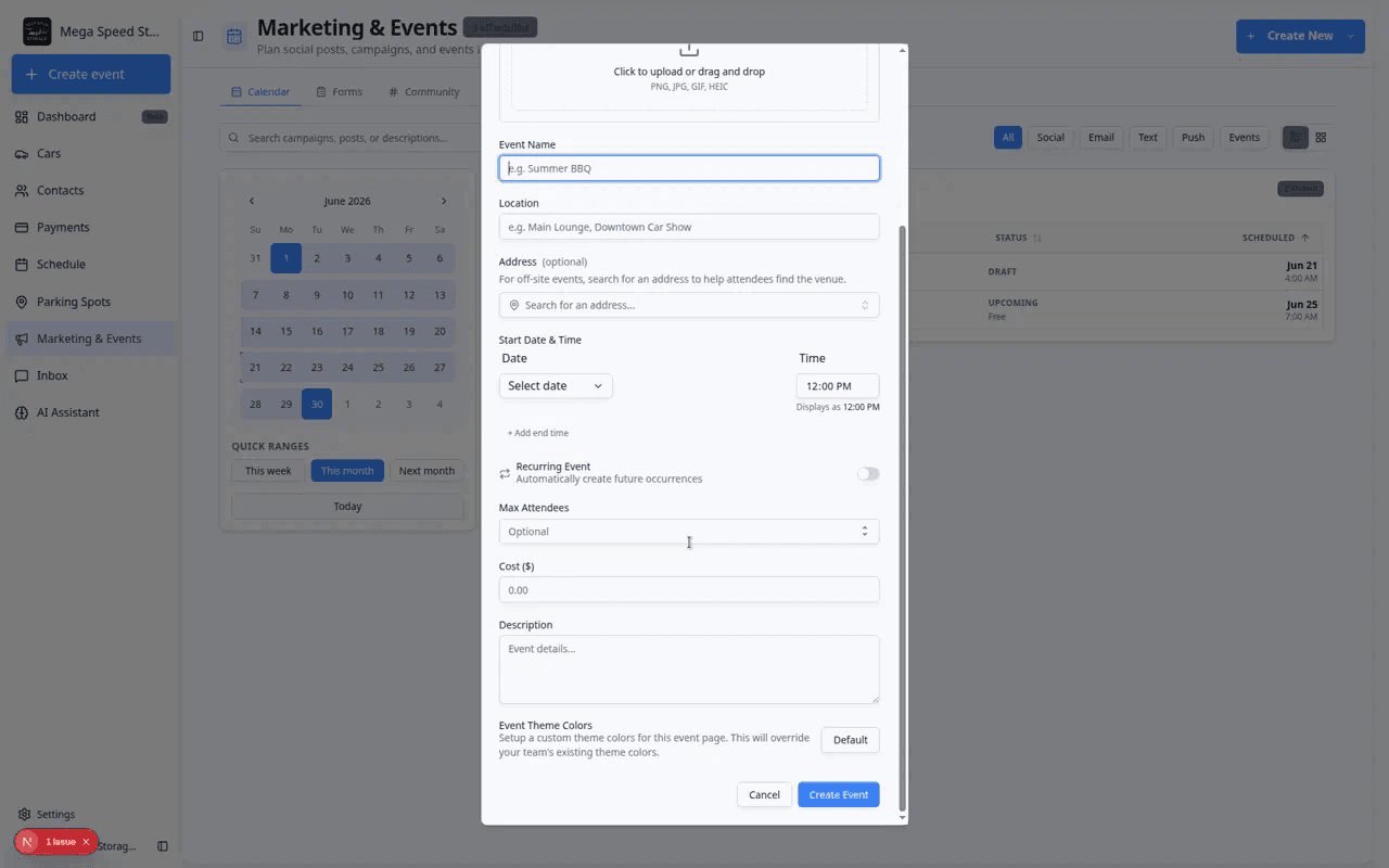 Create Social Event dialog with event photo, event name, location, address, start date, time fields, and Event Theme Colors section at the bottom