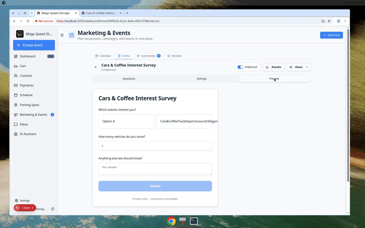 Form editor Preview tab showing the customer-facing form layout inside the dashboard