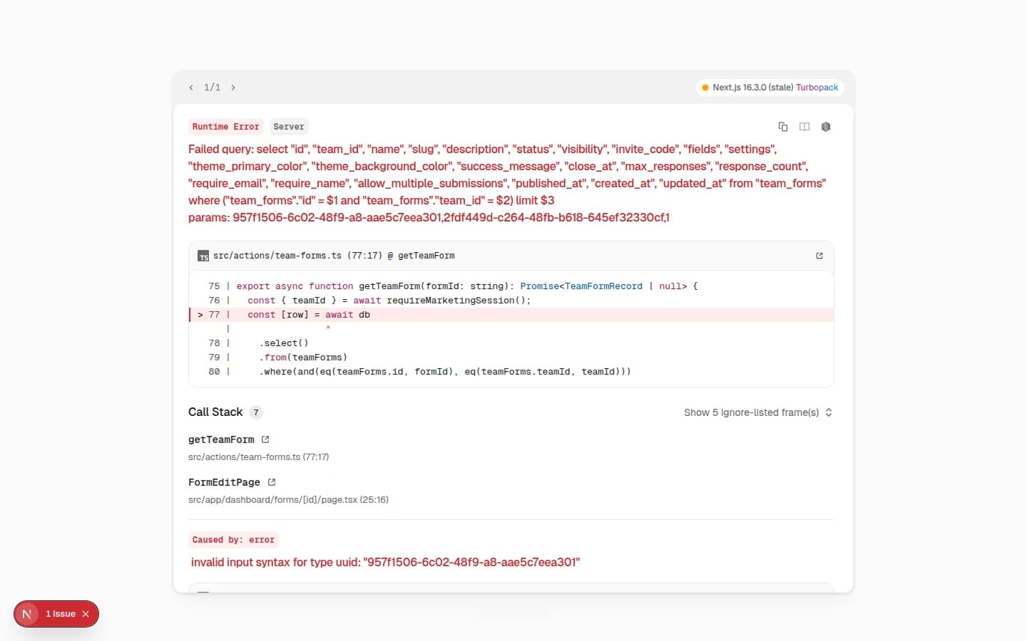 Form editor Questions tab showing multiple question cards with Published toggle on