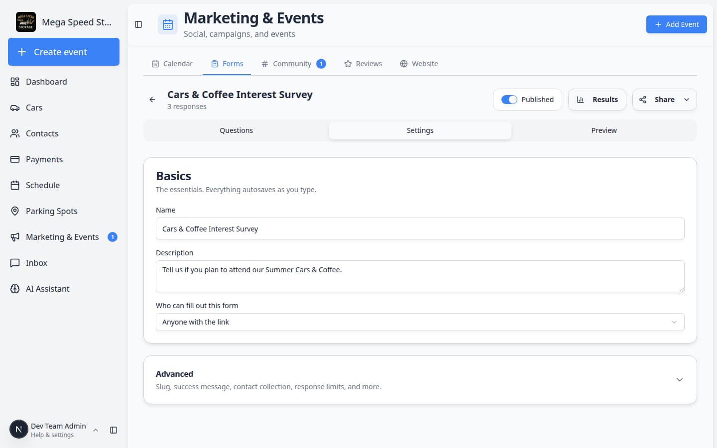 Form editor Settings tab showing name, description, and who can fill out this form dropdown