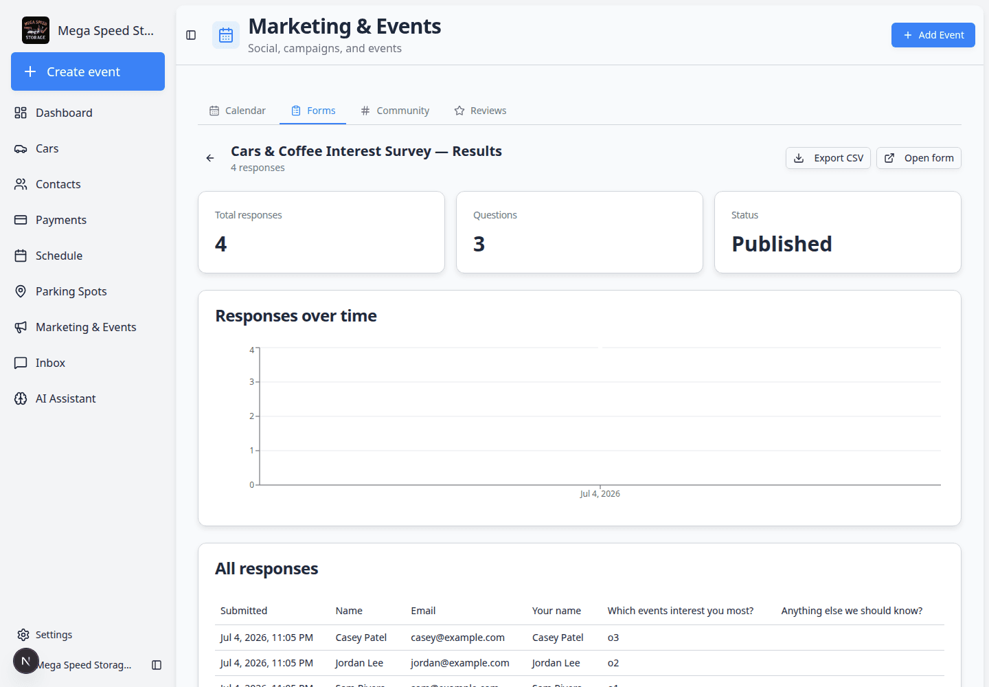 Form Results page header showing Export CSV button near the response count