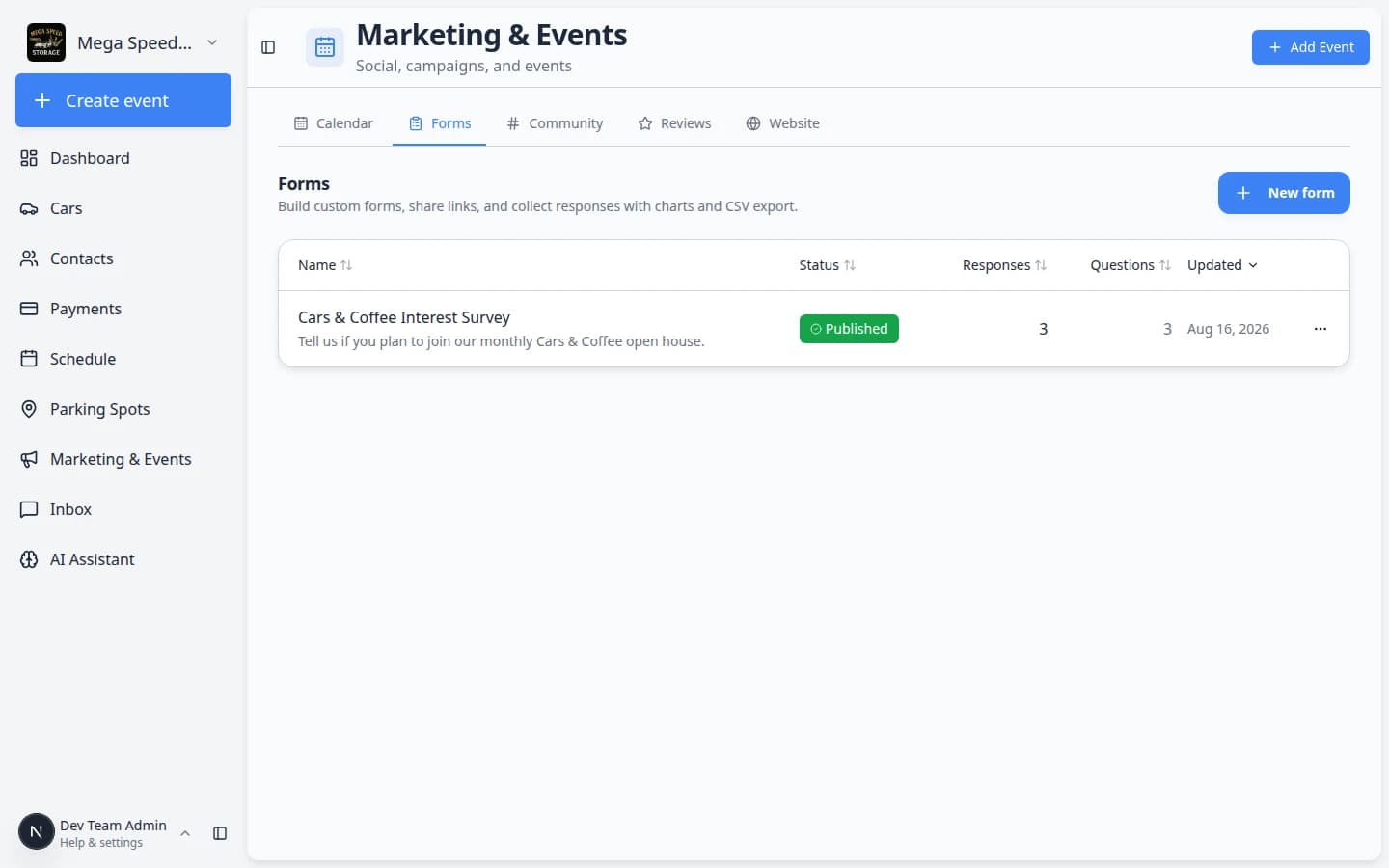 Forms list showing Cars and Coffee Interest Survey with Published status badge