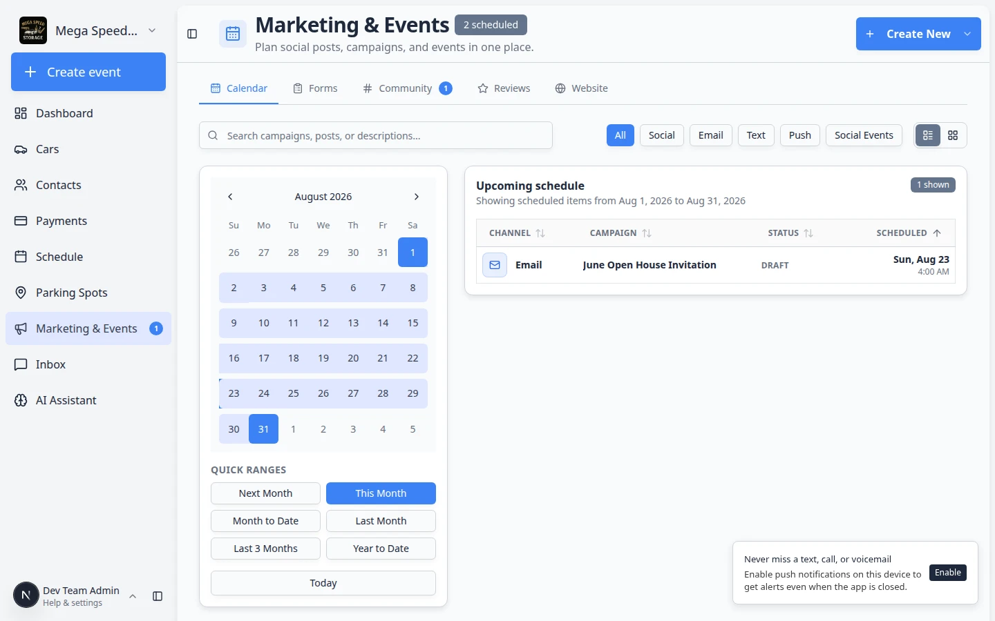Marketing and Events calendar with upcoming email and event items on the schedule