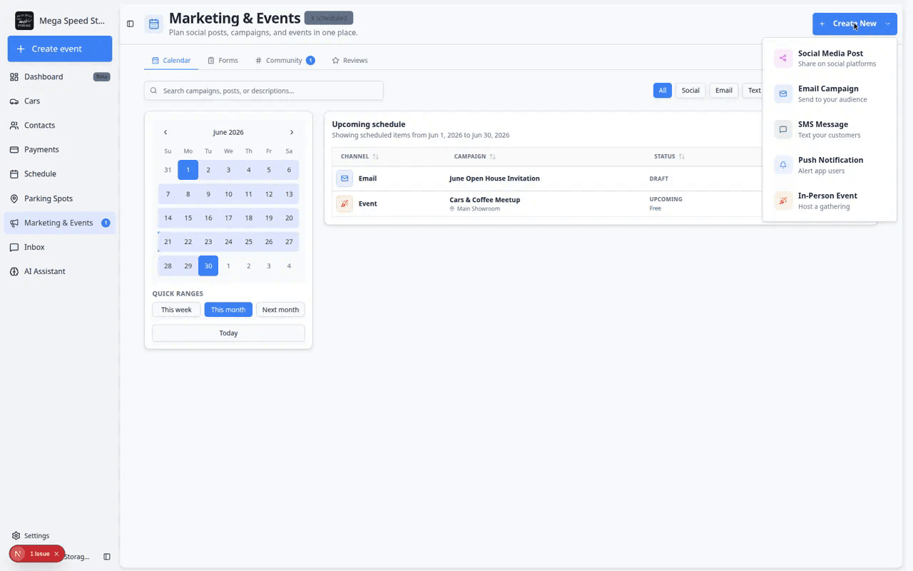 Create New menu showing options to start an email campaign, text message, social post, or in-person event
